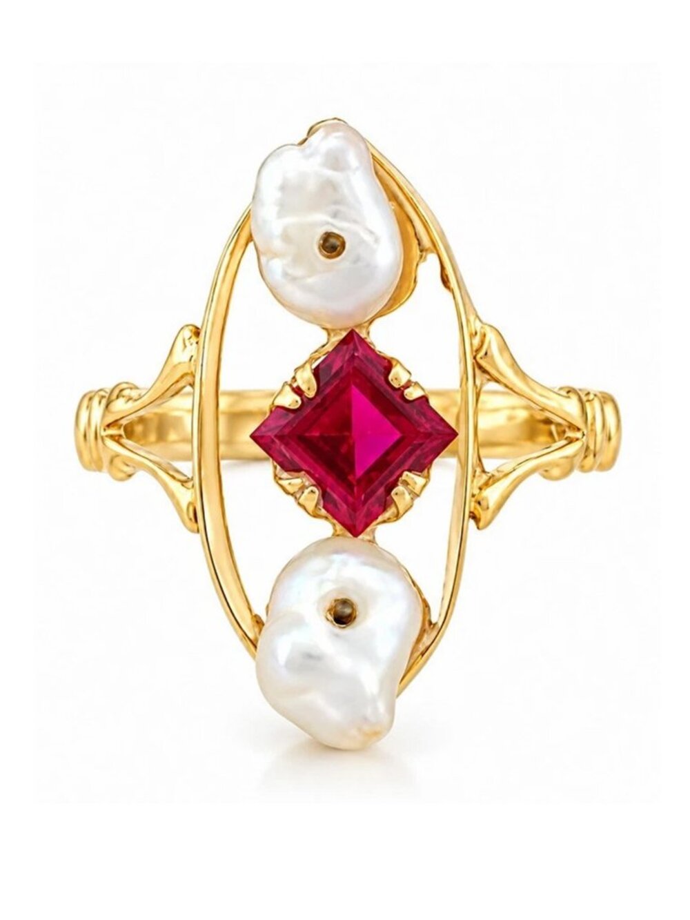 Genuine White Pearls & Lab Created Ruby Ring Solid 10K Yellow Gold